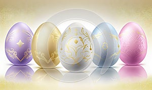 a row of colorful easter eggs on a white background with a gold design on the side of the egg, with a light reflection on the