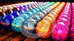 Row of colorful eggs sitting on top of wooden table next to each other. Generative AI