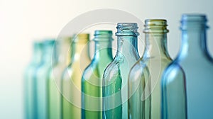 Row of colorful empty glass bottles in a gradient pattern.