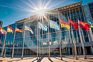 A row of colorful flags of the world blowing in the wind in front of a modern glass and steel building