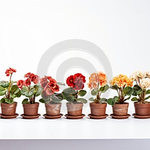 Beautiful Row Of Begonia Flower Pots On White Background