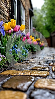 A row of colorful flowers in front of a brick building