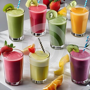 A row of colorful fruit smoothies with straws and fruit slices as garnish2