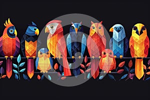 Row of Colorful Geometric Owls Perched on Branch in a Nighttime Setting