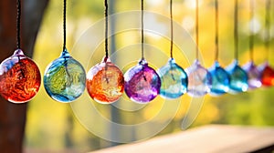 row of colorful glass balls hanging from string