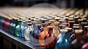 A row of colorful glass bottles on a shelf with lids, AI
