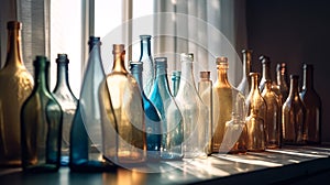 Row of colorful glass bottles on window sill. Vintage multicolored bottles in rays of sun. Generative AI