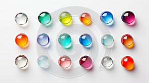 Row of colorful glass spheres on a white surface, reflecting light. Concept of glass art, marbles collection, color