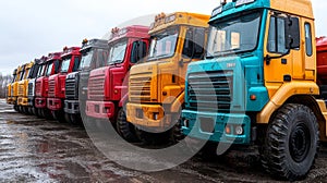 Row of colorful heavy-duty trucks parked outdoors