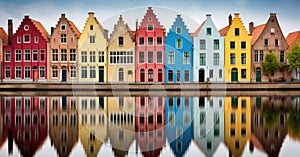 row of colorful houses in the bruges canals. pathway, tourist attraction, world heritage