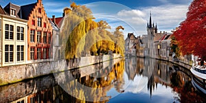 row of colorful houses in the bruges canals. romantic setting, medieval town, stepped-gable houses