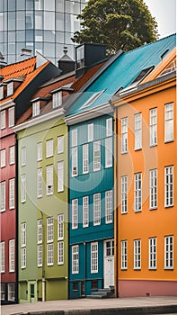 A row of colorful houses in Copenhagen, Denmark illustration Artificial Intelligence artwork generated