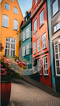 A row of colorful houses in Copenhagen, Denmark illustration Artificial Intelligence artwork generated