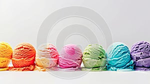 Row of Colorful Ice Cream Scoops on White Background photo