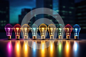 A row of colorful illuminated light bulbs against a dark background.