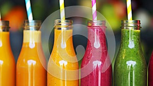 A row of colorful juice bottles with straws in them. bottles are arranged in a line. Row of healthy fresh fruit and vegetable