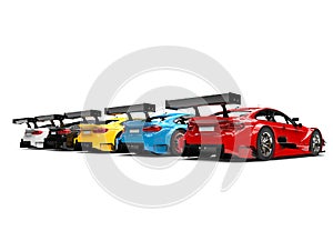 Row of colorful modern super race cars - back view