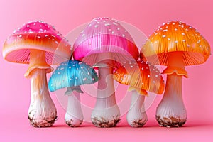 A row of colorful mushrooms with pink, blue, and orange caps