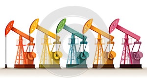 Row of Colorful Oil Pump Jacks on White Background