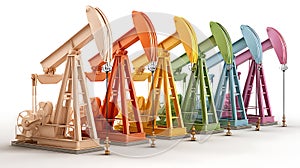 Row of Colorful Oil Pump Jacks on White Background