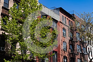 Row of Colorful Old Brick Apartment Buildings in the East Village of New York City during Spring