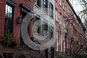 Row of Colorful Old Brick Homes and Residential Buildings in Greenwich Village of New York City