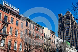 Row of Colorful Old Brick Residential Buildings in Chelsea of New York City