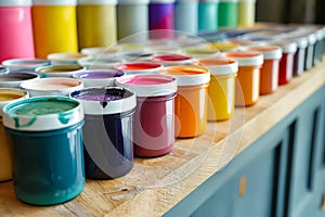 Row of colorful paints on wooden table. Generative AI