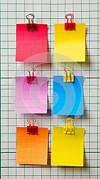 A row of colorful paper clips with different colored papers attached, AI