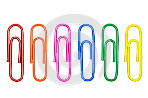 Row of colorful paper clips isolated on white background.