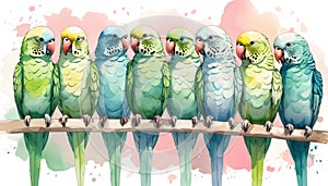 Row of colorful parakeets