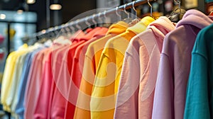 Row of colorful pastel colors casual attire hoodies on hangers in clothing shop close up, modern clothes in boutique