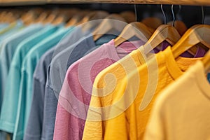 Row colorful pastel colors textile simple t-shirts in clothing rack in store, selling variety of stylish, fashionable