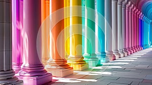 A row of colorful pillars in a hallway with sunlight shining through, AI