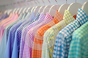 A row of colorful plaid shirts on hangers in a fashion store. Shallow depth of field