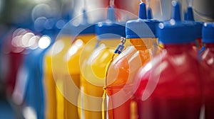 A row of colorful plastic bottles with blue lids lined up, AI