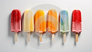 Row of colorful popsicles on a white background