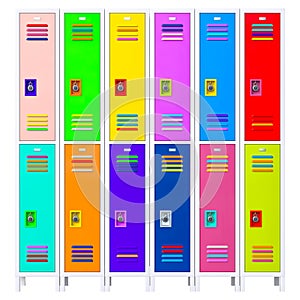 Row of colorful school locker doors with combination locks