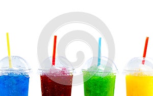 Row of Colorful Slush Drinks in Plastic Cups