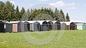 Row of colorful storage sheds