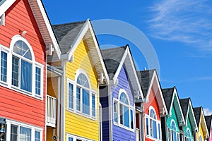 row of colorful townhouses with blue sky