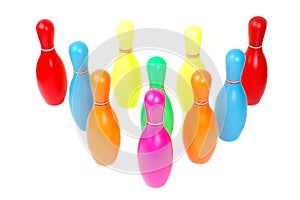 Row of colorful toy plastic bowling pins