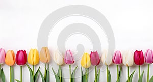 Row of colorful tulip flowers isolated on white background with copy space
