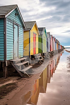 row of colorful wooden beach huts