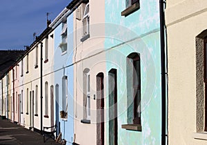 Row of colorwashed terraced houses in Fleetwood