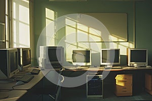 Row of computer monitors on a desk