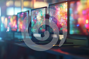 Row of Computer Monitors Displaying Code