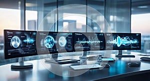 A row of computer monitors displaying complex data visualizations in a modern office