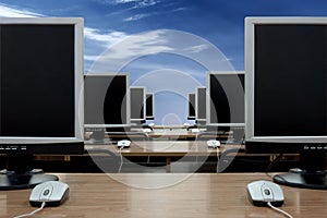 Row of computer monitors
