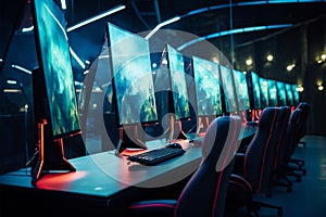 a row of computer monitors sitting next to each other